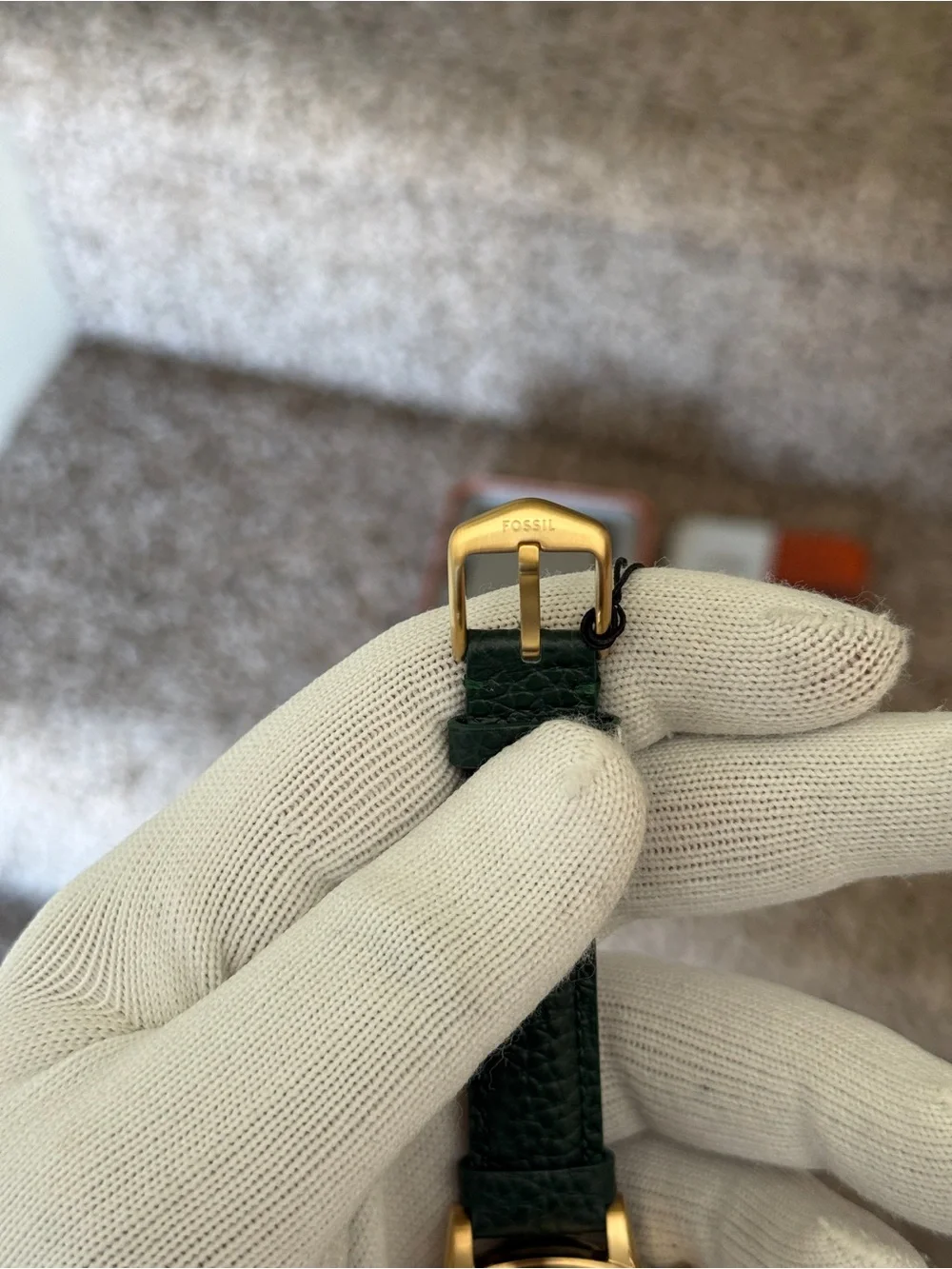 Fossil Dark Green Neutra Leather Strap Gold Crystal Bezel Chronograph Womens